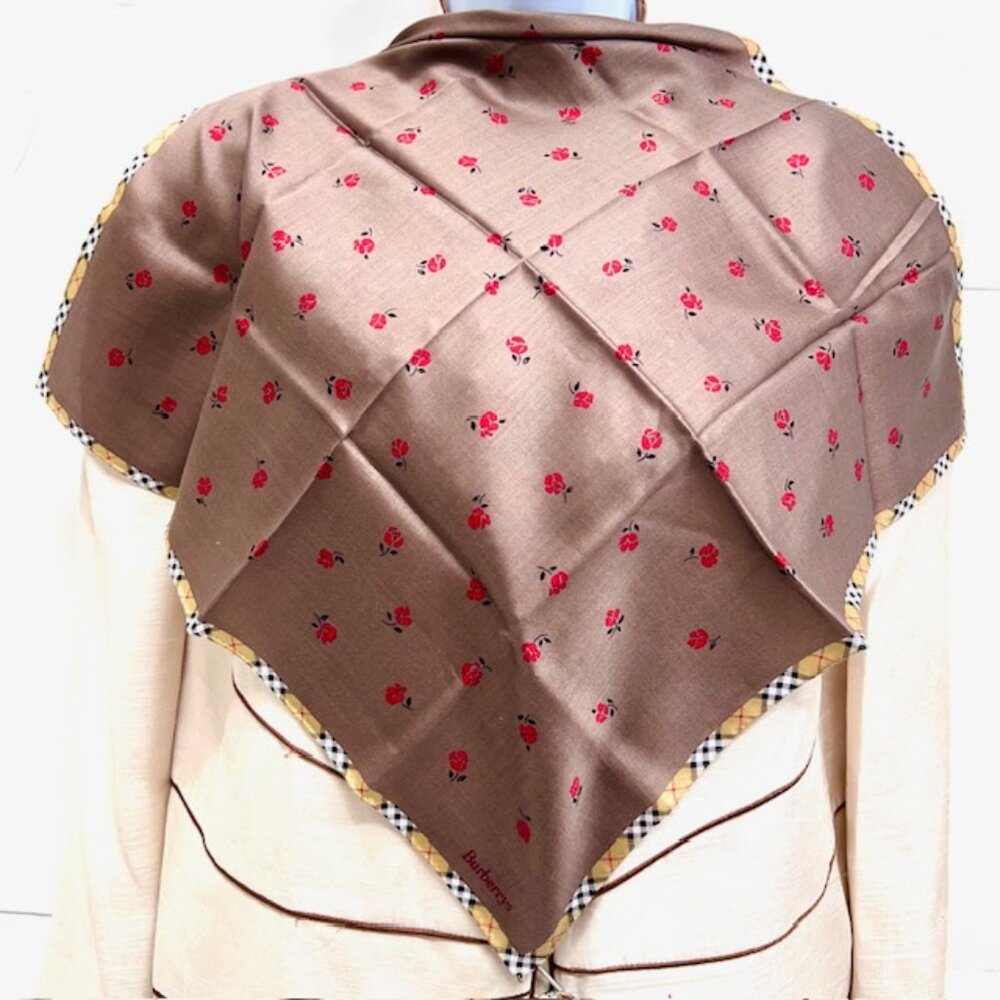 New Burberry London Miniscarf/Handker cotton 19" brown red floral nova check(83)